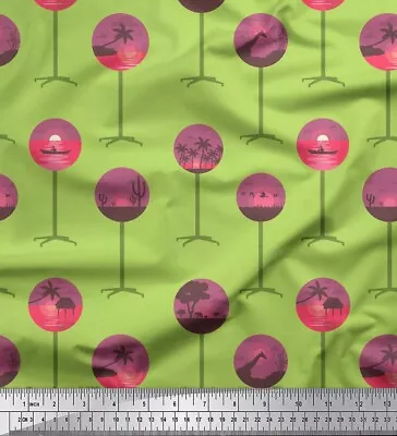 Soimoi Green Cotton Poplin Fabric TreeYacht & Sunset Nature Print-UVI • $14.15