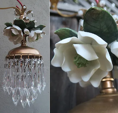 Porcelain Capodimonte Magnolia Brass Chandelier Swag Vintage Lamp Crystal 1of2 • $239