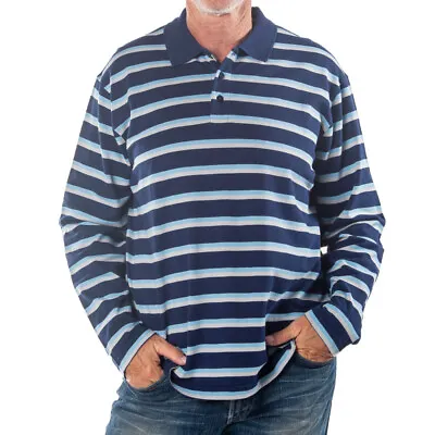 Men's Long Sleeve Navy Striped Cotton Traders Polo Shirt • $14.99