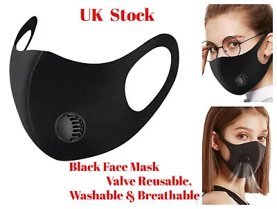 Face Mask Black Reusable Washable & Breathable PM 2.5 With Air Filter Valve UK • £2.50