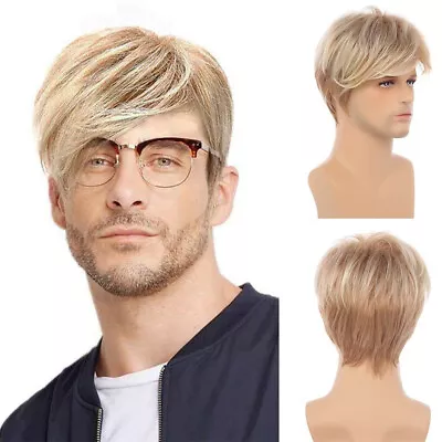 Mens Blonde Multicolored Wig Natural Look Short Straight Hair Chic Anime Costume • £13.16