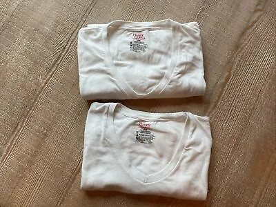 Hanes L White V-neck Short Sleeve Tshirt Cotton Spandex Stretch Lot Of 2 • $7