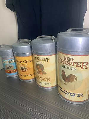 Vintage Set 4 Metal Rustic Flour Tea Coffee Sugar Canister Set W/Lids Farmhouse • $39.99