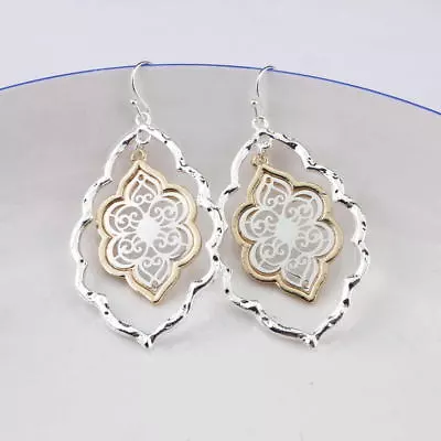 Hammered DropTwo Tone Filigree Petals Floral Moroccan Girls Statement Earrings  • $2.09