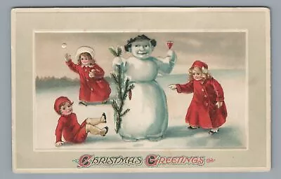 CHRISTMAS Greetings Children Witth SNOWMAN Drinking Wine Vintage Postcard • $5.99