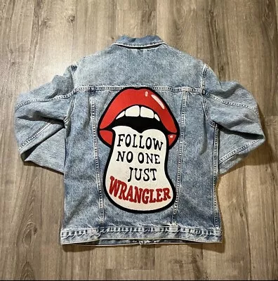 Vintage Wrangler Men's Follow No One Just Patch Denim Jacket Trucker XL SLIM • $34.99