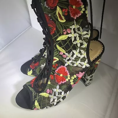 Liliana Sheer Mesh Peep Toe Lace Up Corset Embroidery Boho Ankle Bootie Size 10 • $45