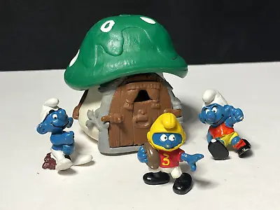 3 - Smurfs & Vintage Peyo Schleich 1978 Smurf Mushroom Cottage House Green Top • $34.95