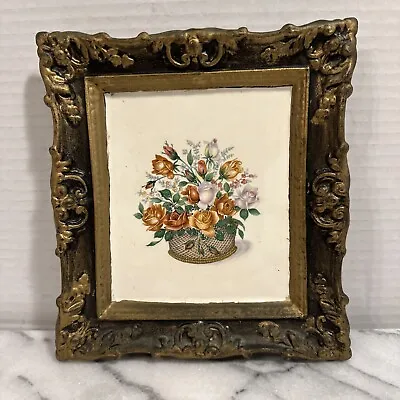 Vintage Tile Art Ceramic Floral Basket Wall Decor Framed  All Ceramic 7.25x6.5” • $24.90