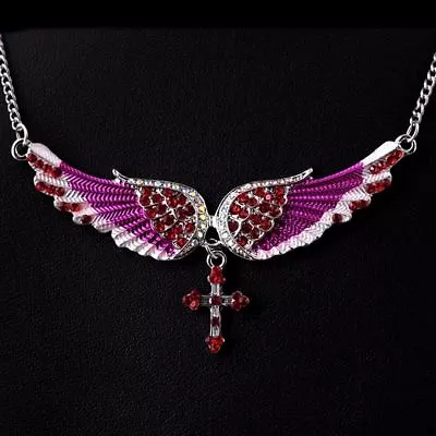 925 Sterling SILVER 24  NECKLACE PENDANT WING CROSS ANGEL Purple CRYSTAL Female  • $16.88