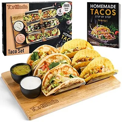 - Taco Holders Set Of 2 / Taco Holder Stainless Steel With Wooden Serving Tra... • $43.25