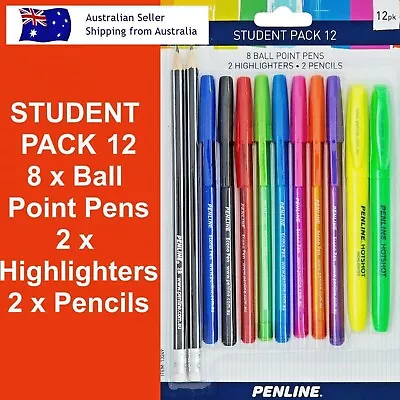 Highlighters Ball Point Pens Pencils Erasers 12 Pcs Student Pack PENLINE Bulk  • $7.99