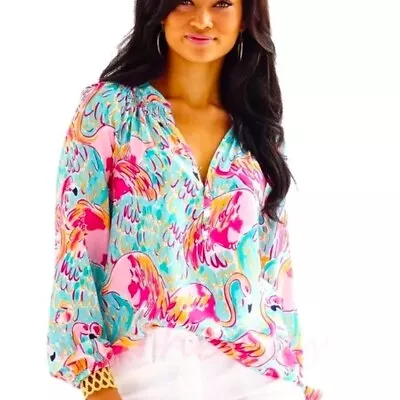 $94.99 • Buy Lilly Pulitzer Elsa Silk Top Peel And Eat Flamingo Print Blue Pink V Neck Size M