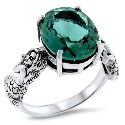 Mermaid Ring Victorian Style 925 Sterling Silver Simulated Emerald          956z • $35