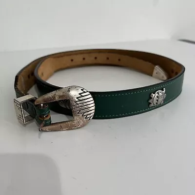 Native American Made In USA Green Leather Belt With Bison Turtle Eagle Size 34 • $39.95