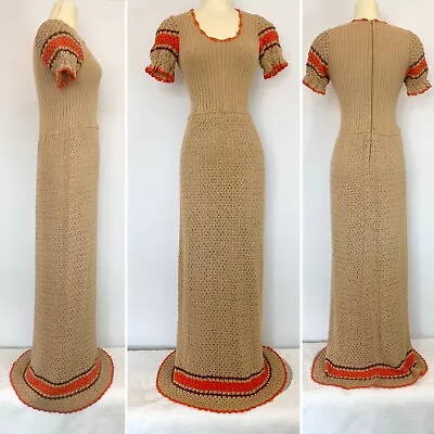 Vintage Dolphin California Crochet Orange Stretch Knit Maxi Gown Sweater Dress • $146.25