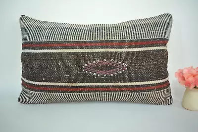 Turkish Handmade Lumbar Pillow Cover 12x20in Antique Brown Gray Kilim Pillow • $35