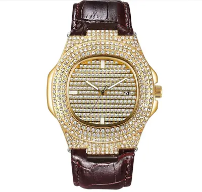 Mens Quartz Gold Or Silver Diamond Watch Belt Stylish Bling Leather Strap Time • £14.99