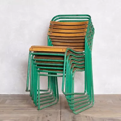 Set Of 6 Vintage Green Slatted Stacking Chairs Green Metal Frame Wooden Chairs • £300