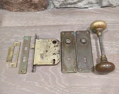 Vintage 1900's Door Lock 2 Brass Knobs 2 Backplates Strike Plate Vulcan Lock • $34.98