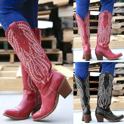 Womens Mid Wide Calf Block Heel Ladies Cowgirl Cowboy Boots Western Shoes Size • $31.67