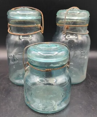 3-Vintage Atlas E-Z Seal Blue Green 2Qt & 1 Pint Canning Jars W/ Glass Lids  • $25.19