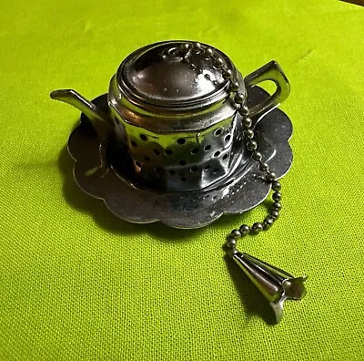 Vintage Mini Teapot Shaped Tea Strainer Diffuser And Underplate • $9.97