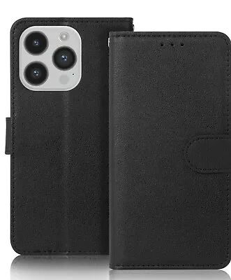 Black Leather Case For IPhone 15 14 13 12 XR X  Magnetic Wallet Flip Cover • £2.40