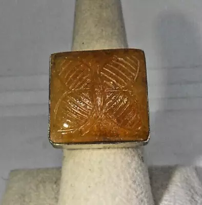 Vintage Artian Ring Carved Orange Jadeite Jade 925 Sterling Silver Size 8 • $95