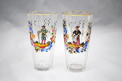 Pair Of Signed Moser Enameled Art Glass Tumblers Man Woman • $350