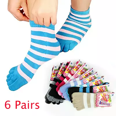 6 Pairs Colorful Women Unisex Five Finger Toe Socks Striped Men Cotton Soft • £6.69