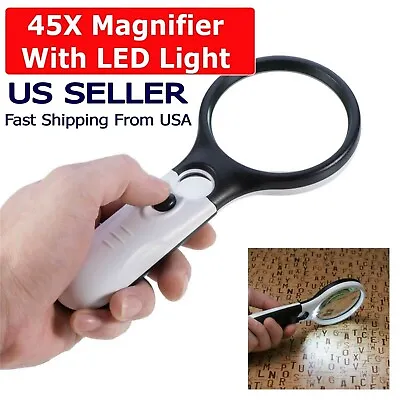 $5.95 • Buy 45X Magnifying Glass Handheld Magnifier 3 LED Light Reading Lens Jewelry Loupe