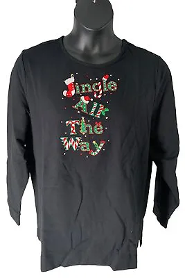 Quacker Factory Holiday Saying French Terry Long-Sleeve Top Black/Jing • $21.99