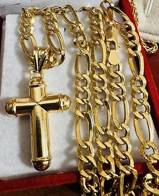 18K 750 Real Geniune Gold Figaro Chain Cross Necklace Mens 24” Long 6mm 16.1g • $1872