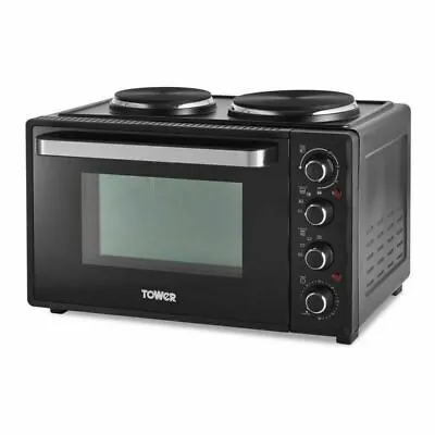 Tower 32L Table Top Compact Electric Mini Oven In Black With 2 Hotplates T14044 • £119