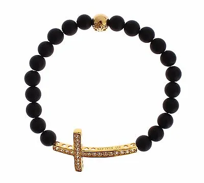 £117.41 • Buy NIALAYA Women's Matte Onyx Stone Gold CZ Cross 925 Silver Bracelet S. M