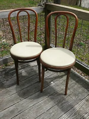 VINTAGE THONET BENTWOOD PARLOR CAFE CHAIRS WHITE NAUGAHYDE SET Of 2 #2 • $199