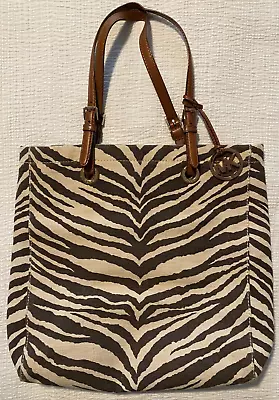 Michael Kors Brown/Cream Tote Zebra Print Canvas Leather Straps MK Charm FLAW • $30