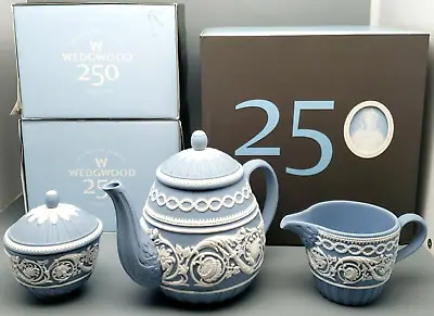 SET OF 3: Wedgwood 250 Jasperware Blue Arabesque Teapot Creamer Sugar IN BOXES • $749.99