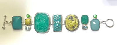 AKR Amy Kahn Russell Sterling Silver 7.75  Bracelet Carved Turquoise Aquamarine • $204.41