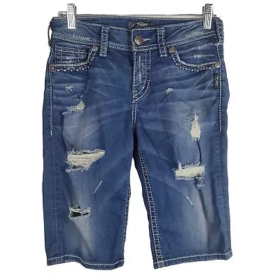 Silver Suki Bermuda Shorts 28 Distressed Jean Modest Midrise Studded Embellished • $23.19