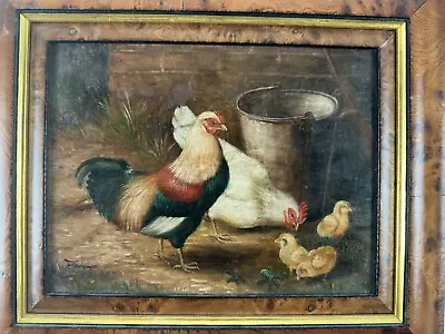 Antique Oil Painting Chickens & Cockerel In Farmyard Signed Indistinct • £180