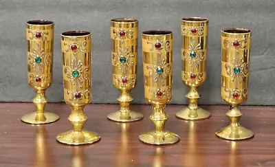 Venetian Glass Jeweled Gilded Cordials Set Of 6  5.25  Tall • $75