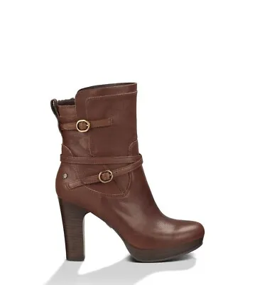 NEW UGG Olivia High Heel Boots Dark Brown Leather Wool Straps Buckle Women’s 12 • $125