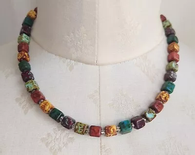 Vintage Murano Glass Faux Scottish Agate Square Beads Necklace • £12.99