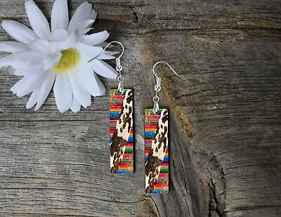 Western Cowhide And Serape Dangle Wood Bar Printed Earrings Jewelry • $14.98