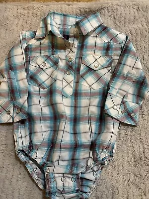 Cowgirl Legend Baby Girl's 6/9M Long Sleeve Plaid Snap Bodysuit - Teal/white • $16
