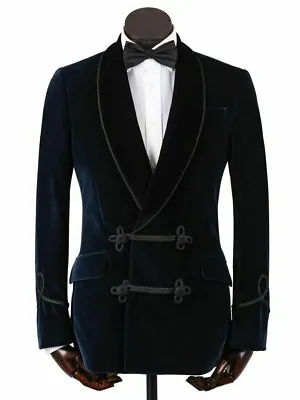 Men Navy Blue Velvet Smoking Jacket Shawl Collar Dinner Velvet Jacket For Sale • £63