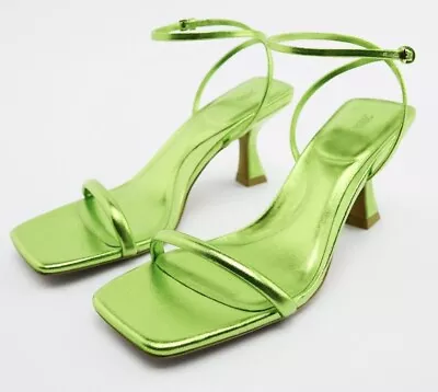 ZARA NEW METALLIC MID HEEL SANDALS GREEN Size 9 • $38.90