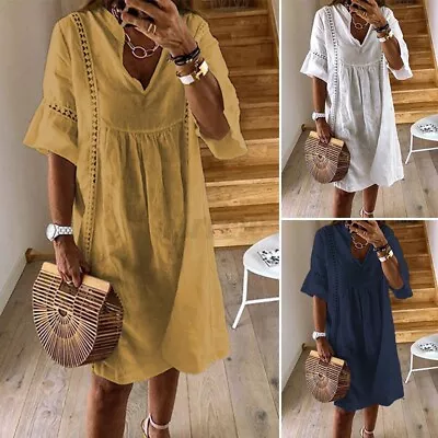 AU STOCK ZANZEA Women Plus Size V-Neck Mini Shirt Dress Loose Lace Crochet Dress • $20.26